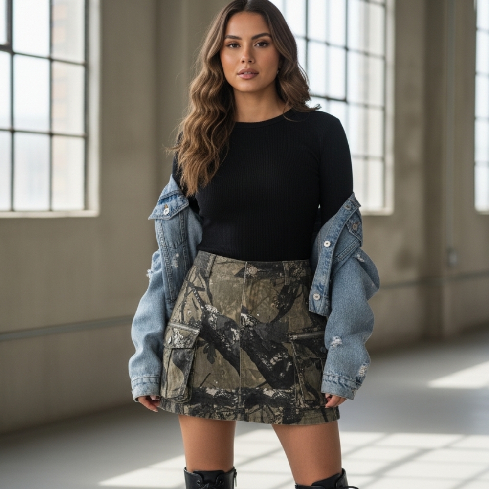 French Kiss Women's Camo Cargo Skort Size L Real Tree Forest Mini Skirt Y2K